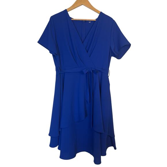 Faux Wrap Women's Short Sleeve Tie Waist Dress Boho Party Size XL Blue NWOT - Picture 2 of 10